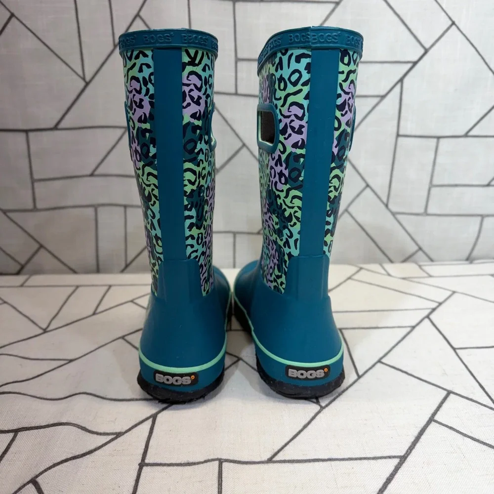 Bogs Rain Boots Size 3 Teal Leopard Print Waterproof Pull On Youth Shoes